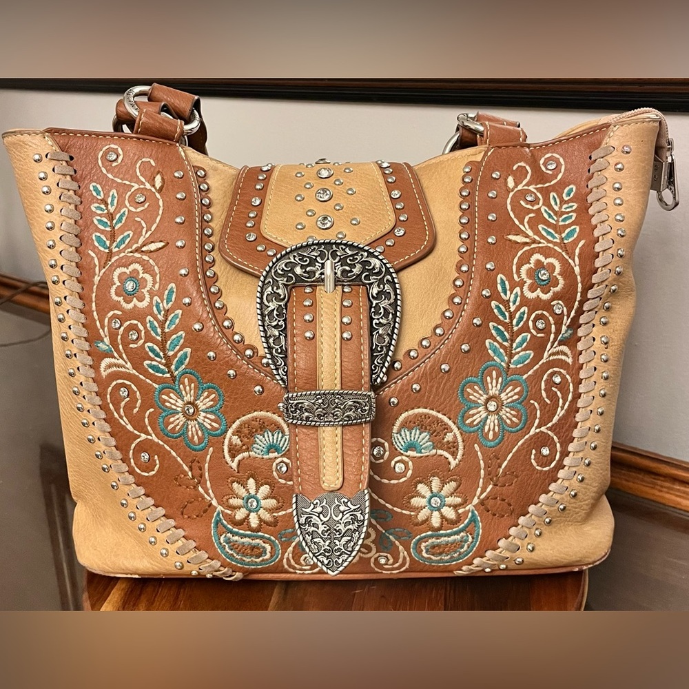 Montana West Conceal Carry Leather Handbag Southwest Floral Rhinestones Studded